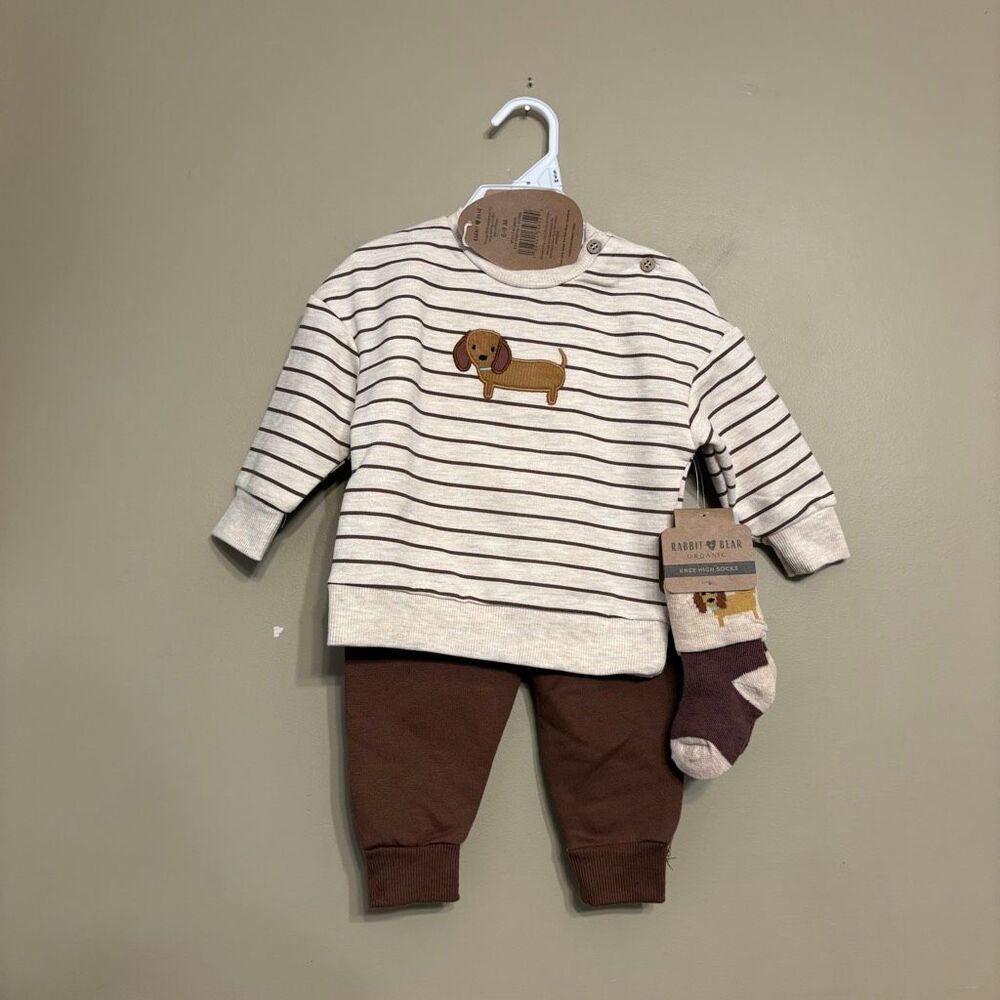 Rabbit + Bear Baby Dachshund Stripe Outfit with Beanie 6-9M NWT Brown Neutral